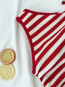 Teen Girls Striped Asymmetric Ruched Snug Fit Mini Dress, Casual Vacation Beach Party Dress - Red and White - View 4