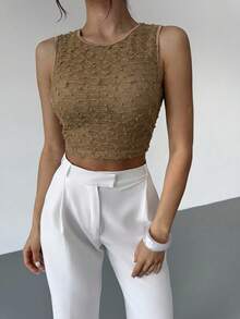 Firerie 女士杏色圆领无袖露背T恤上衣，纹理面料，夏季上衣，女士休闲度假上衣 - 卡其色 - 查看 7