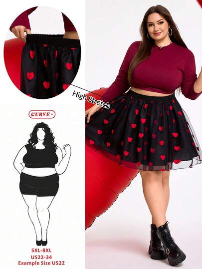 SHEIN CURVE+ CURVE PLUS /Valentinstag/Valentinstag Damenkleidung in Große Größen, mit herzförmigem Mesh-Stoff und Große Größen-Rock