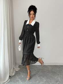 Rafferiza Vestido feminino de chiffon preto e branco com estampa de bolinhas, modelagem ajustada e detalhes vintage com botões. Elegante. - Preto e Branco - Ver 5