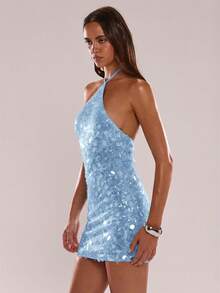 SHEIN BAE Women's Fashionable Party Sequin Backless Halter Mini Dress,Summer Dresses For Women - Baby Blue - View 6