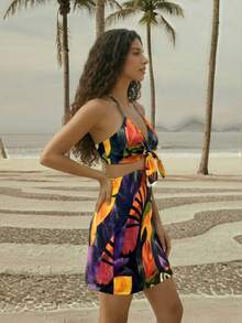 CAJUNI Women's Casual Vacation Parrot & Monstera Leaf Print Cami Mini Dress - Date Outfit - Tropical - Multicolor - View 4