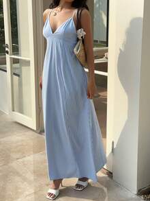 Sunnyshic Women's Casual Versatile Elegant V-Neck Spaghetti Strap Backless Striped Waist Flared Dress, Spring/Summer