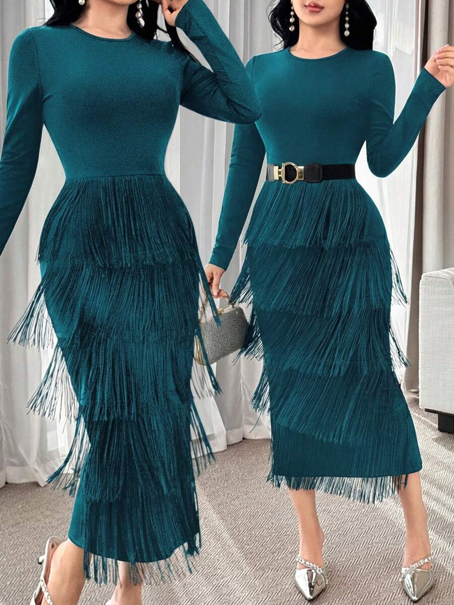 Feyla 优雅纯色流苏圆领长袖连衣裙（女款）