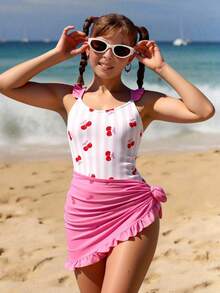 SHEIN Tween Girl Cute Knitted Cherry Pink Striped Print One-Piece Swimsuit With Mesh Skirt 2 Pieces Set, Fashionable Casual Modest Suitable For Beach - Pink - View 1