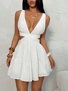 SHEIN PETITE White Chiffon V-Neck Backless Tie Strap Mini Dress, White Dress, Graduation Dress, Vacation Dress, Spring/Summer - White - View 3