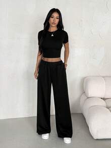 SHEIN PETITE Summer Black Tight Fit Short Sleeve T-Shirt And Loose Sweatpants 2 Pieces Set - Black - View 6