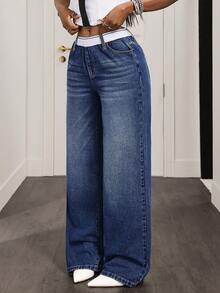 Slaydiva Women's High Waist Pockets Wide Leg Loose Casual Jeans - Blue - View 3