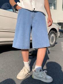 SHEIN Celana Pendek Denim untuk Anak Laki-Laki Remaja, Model Retro Biru, Potongan Lebar dan Longgar untuk Streetwear Musim Panas, Pakaian Sehari-hari Sekolah, Modis, Desain Dasar Sederhana dengan Patch Kecil. - Biru - View 2