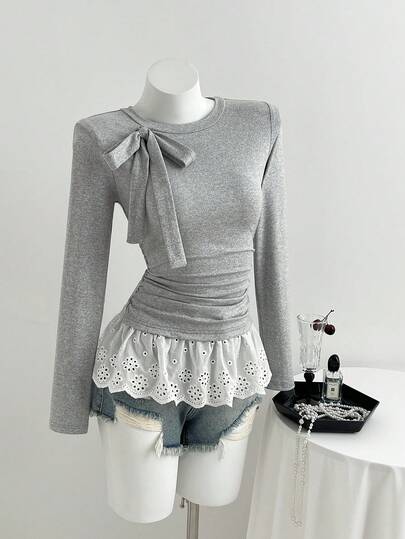 Elamini Tee-shirt manches longues décontracté pour femmes, coupe slim, avec broderie de nœud et patchwork. Idéal pour le printemps et l'automne