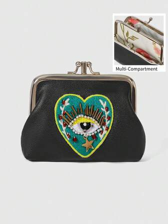 Goth 1 pieza Billetera corta de cuero sintético con cuentas de ojo azul y corazón rojo, estilo gótico para mujer