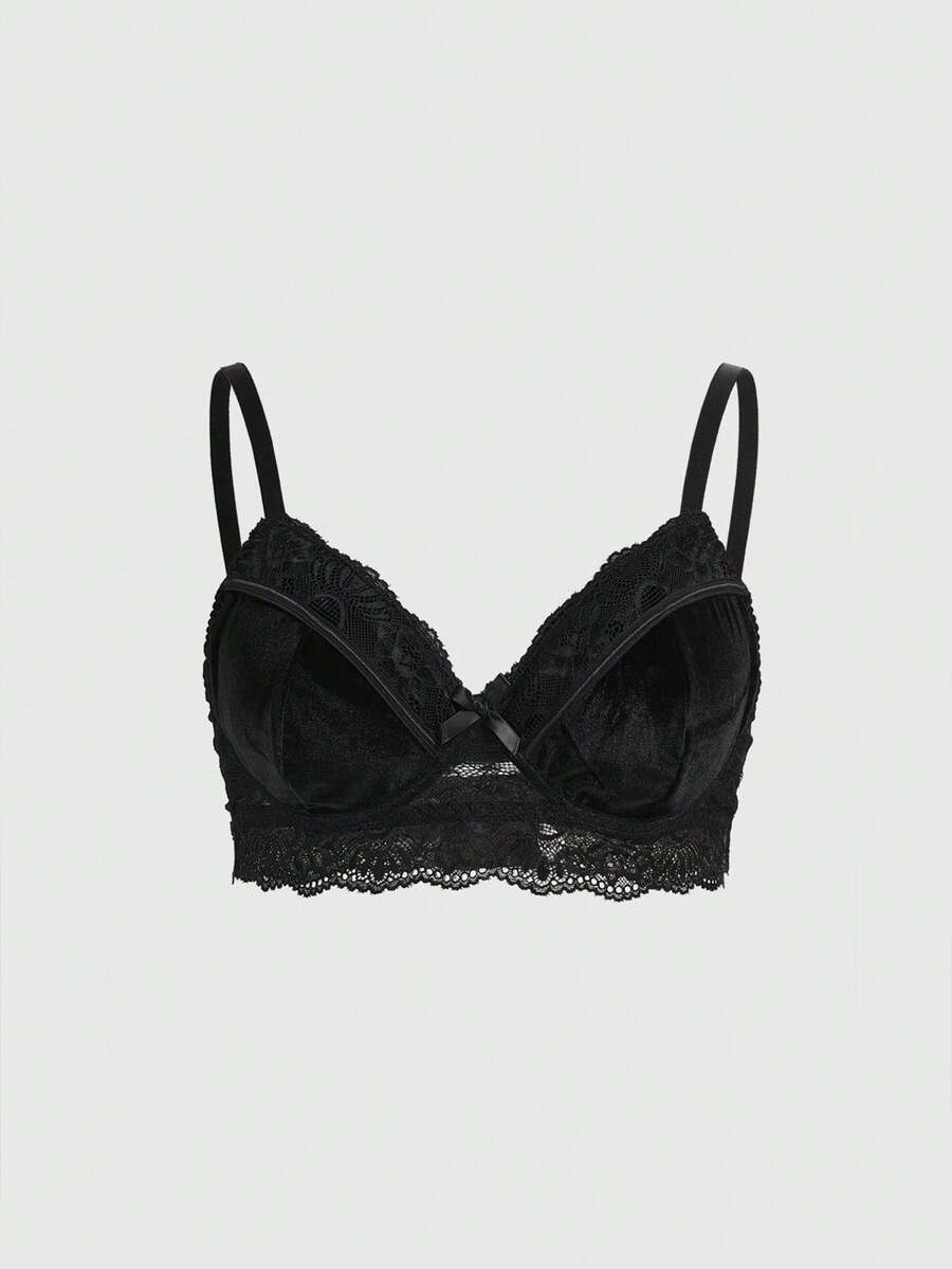 ROMWE Goth 加大码哥特式天鹅绒镂空蕾丝花卉钢圈文胸 - 黑色 - 查看 1