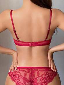 DAZY Conjunto de lencería para mujer con sujetador de triángulo con copas desnudas, parches de encaje rojo vino, tirantes ajustables y espalda de tirantes - Burdeos - View 2