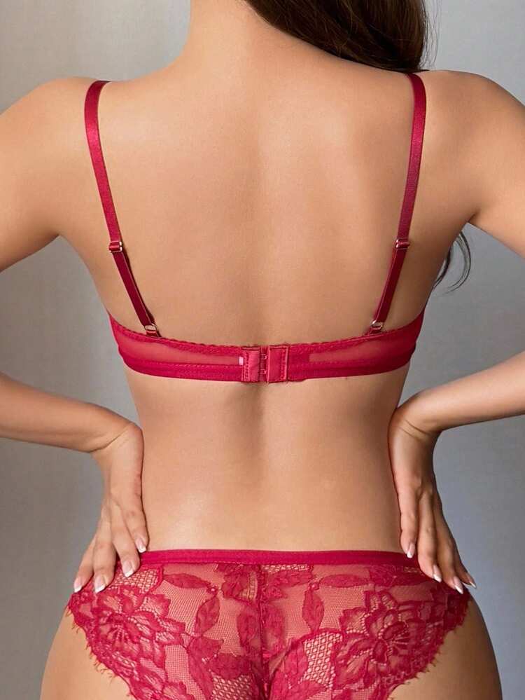 Classic Wine Red Lace Patchwork Nude Triangle Cup Adjustable Straps Racerback Bra Set For Women Lingerie For Women