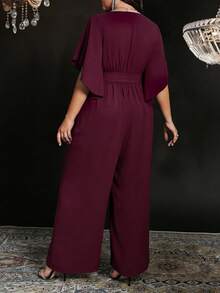 SHEIN Elenzya Mono de mujer de talla grande con mangas cortas acampanadas, cintura con lazo y silueta evasé, de unicolor y ajustado, elegante y casual para uso diario - Rojo violeta - Ver 2