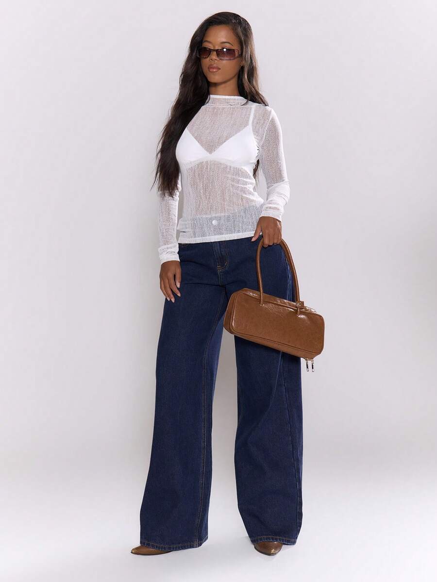 MUSERA 透视网纱长袖修身圆领上衣，秋季街头风，清凉百搭，适合夜晚外出、日常穿着，性感优雅，适合假日、派对、情人节等场合，春夏皆宜。 - 白色 - 查看 1