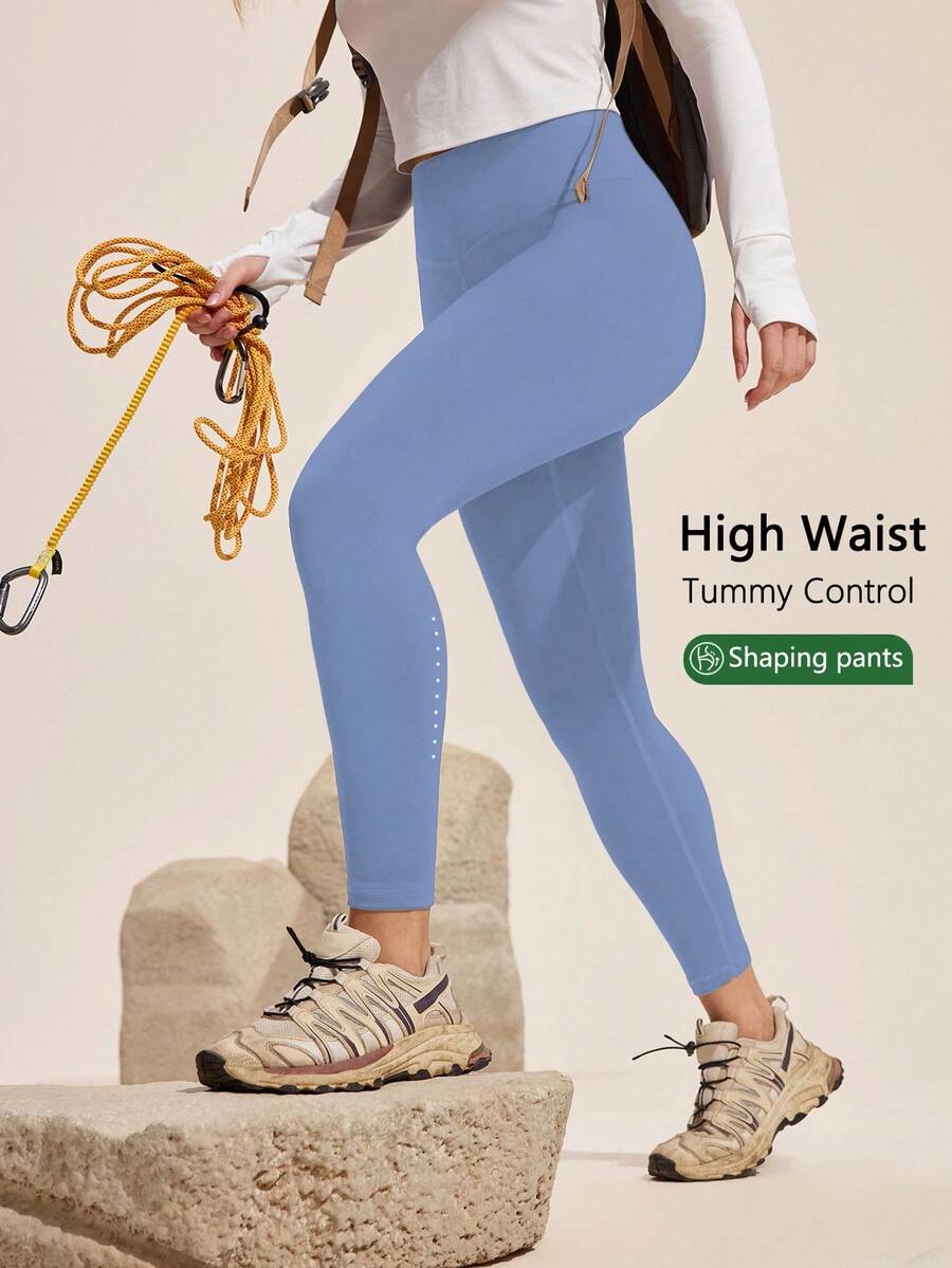 Exploreva Women's Solid Color Fashionable High Waist Elastic Tummy Control Leggings - Baby Blue - View 1