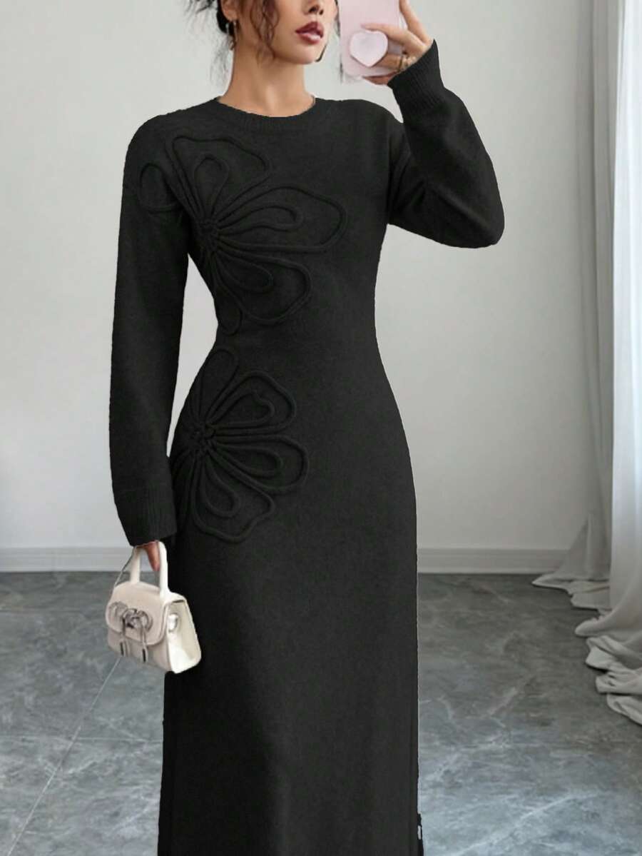 Selianne Plus Size Women Elegant Floral Pattern Waist Cinched Sweater Dress, Versatile For Autumn/Winter - Black - View 1