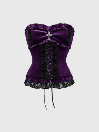 Goth Top tubo in velluto con bordo in pizzo stile gotico per donna