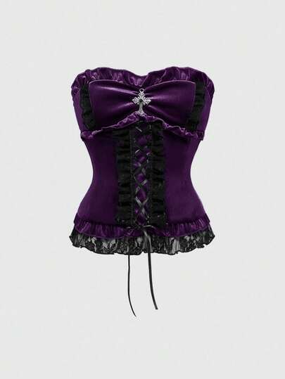 Goth Top tubo in velluto con bordo in pizzo stile gotico per donna