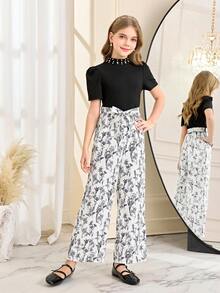 SHEIN 少女优雅度假高领串珠泡泡袖印花系带连体裤 - 黑色 - 查看 4