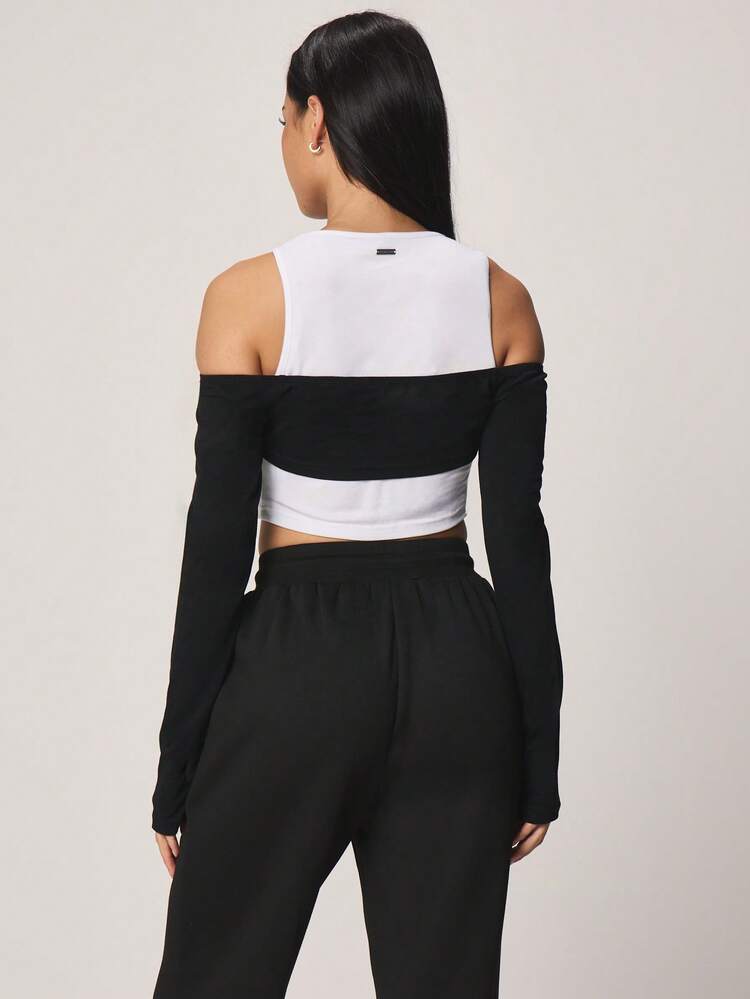 Missguided x Playboy Logo Color Block Tank Top With Off Shoulder Long Sleeve Layer Casual Crop Top For Fall Winter Everyday Wear