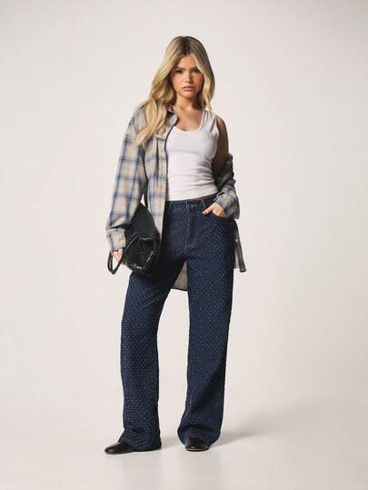 MISSGUIDED Mid Rise Baggy Nibble Jeans With Nibble Pattern Relaxed Fit Wide Leg Denim Pants For Women