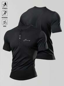 Manfinity Acti Log Men's Casual Sports Henley Shirt With Button Front - Black - View 1