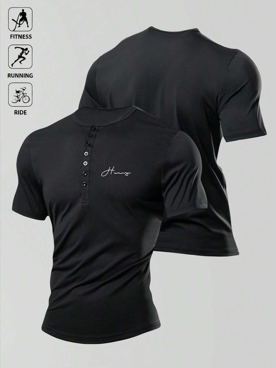 Manfinity Acti Log Men's Casual Sports Henley Shirt With Button Front - Black - View 1