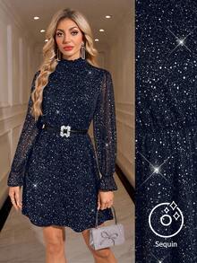 SHEIN Clasi 女士亮面立领长袖优雅派对连衣裙 - 藍色 - 查看 8