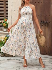 SHEIN Maternity Floral Print Halter Backless Casual Sleeveless Dress - Multicolor - View 4