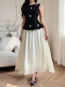 DAZY Conjunto de 2 piezas de top sin mangas con cuello redondo y decoración de lentejuelas y falda de color contrastante, elegante para invitada de boda, primavera/verano - Negro - Ver 4