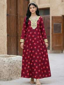 SHEIN Langes Kleid für Teenager-Mädchen mit gewebtem Platzierungsdruck und goldenem Applikation, locker geschnitten, geeignet für Reisen, Urlaub, Landstil, lässigen Badeort, Boho-Stil, passend zu Schwester- und Eltern-Kind-Outfits - Bordeaux - Übersicht 1