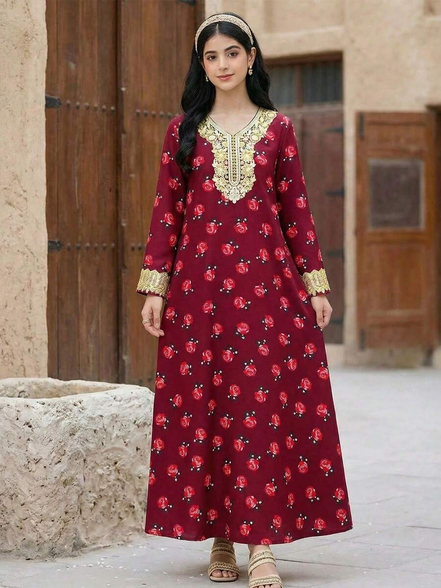 SHEIN Langes Kleid für Teenager-Mädchen mit gewebtem Platzierungsdruck und goldenem Applikation, locker geschnitten, geeignet für Reisen, Urlaub, Landstil, lässigen Badeort, Boho-Stil, passend zu Schwester- und Eltern-Kind-Outfits - Bordeaux - Übersicht 1