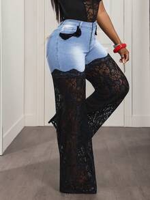 Slaydiva 女士时尚派对拼接薄纱蕾丝宽松阔腿牛仔裤 - 藍色 - 查看 5