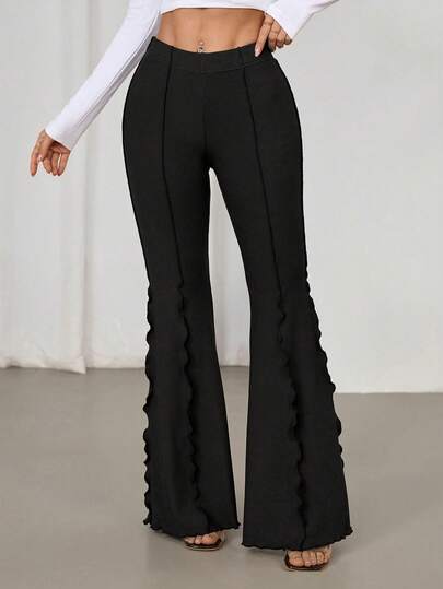 SHEIN PETITE 荷叶边弹力女士喇叭裤