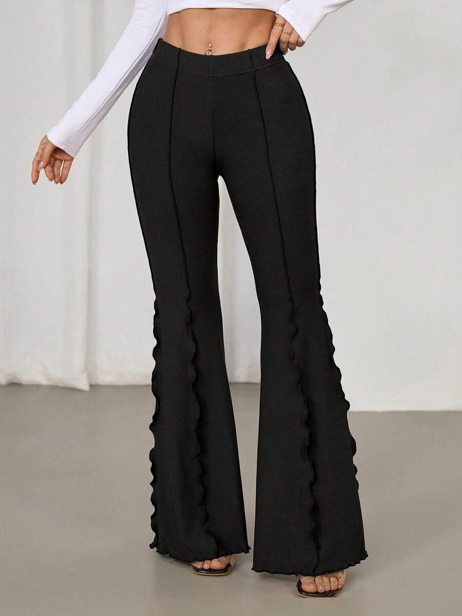 SHEIN PETITE Lettuce Trim Elastic Women's Flared Pants - Black - View 1