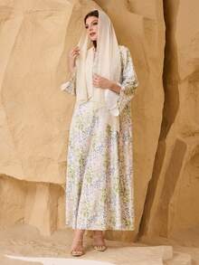 Al Najma 女士优雅浅色花卉印花精致串珠花朵设计日常阿拉伯风格连衣裙 - 彩色 - 查看 3
