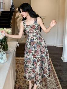 DAZY Women's Elegant Floral Print Sleeveless Dress With Square Neckline, Summer - Apricot - View 7