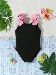 SHEIN Emery Rose Kids 少女款撞色花卉裝飾連身泳衣，夏季海灘度假 - 黑色 - 查看 2