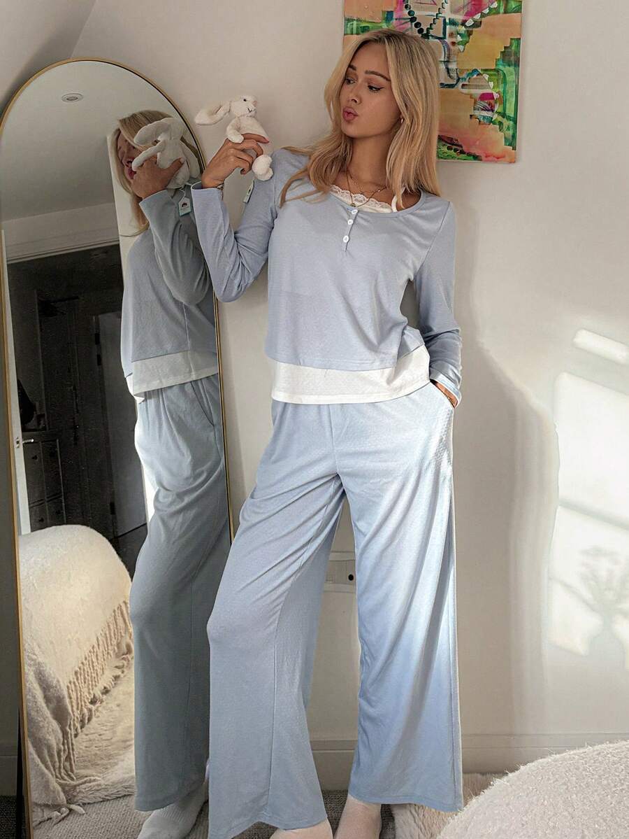 DAZY Spring Contrast Color Knit 2 In 1 Women Loungewear Set - Blue - View 1