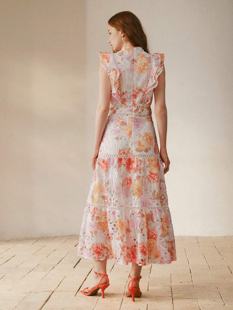VESTIDO DE MUJER ELEGANTE CON ENCAJE CALADO, PARCHES Y BORDADO CON ESTAMPADO FLORAL