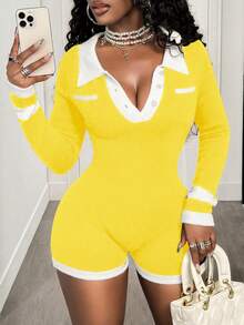 BamGleam Women's Contrast Color Collar Long Sleeve Casual Knitted Romper - Yellow - View 7