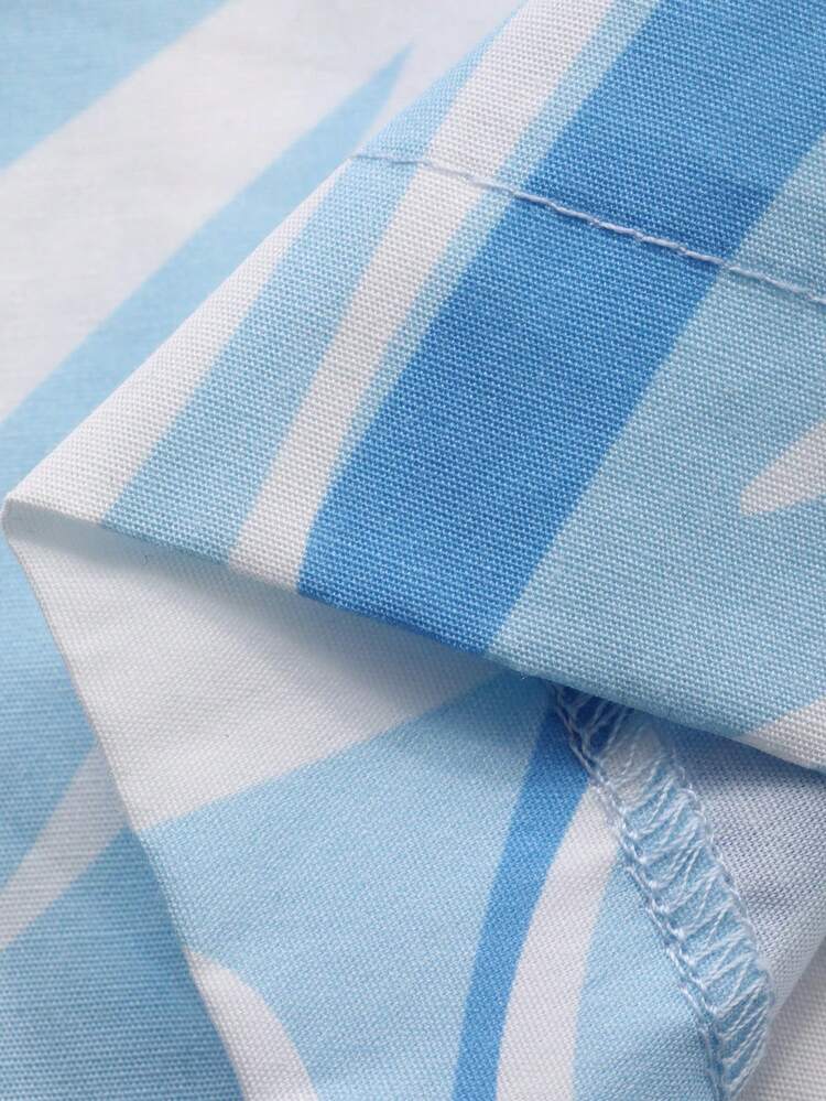 Men's Patchwork Contrast Color Digital Print & Solid Color Blue Shirt, Summer