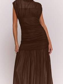 MUSERA Mesh Underlay Pleated Maxi Dress Winter Cosy Cute Casual Night Out Date Night  Party - Chocolate Brown - View 6