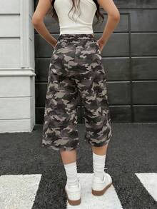 K-Vae Vintage Casual Camouflage Capri Cargo Pants, Spring/Summer - Army Green - View 2