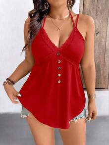 EMERY ROSE Plus Size Women Solid Color Contrast Lace Button Design Fashion Camisole - Red - View 6