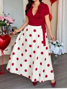 Vionelle Women's Elegant Polka Dot Knitted Short Sleeve Crop Tee And Skirt Two Piece Set - Burgundy - View 6