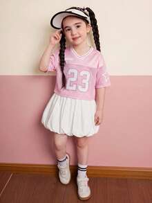 SHEIN 女童字母数字图案V领宽松休闲短款T恤