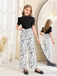 SHEIN 少女优雅度假高领串珠泡泡袖印花系带连体裤 - 黑色 - 查看 3